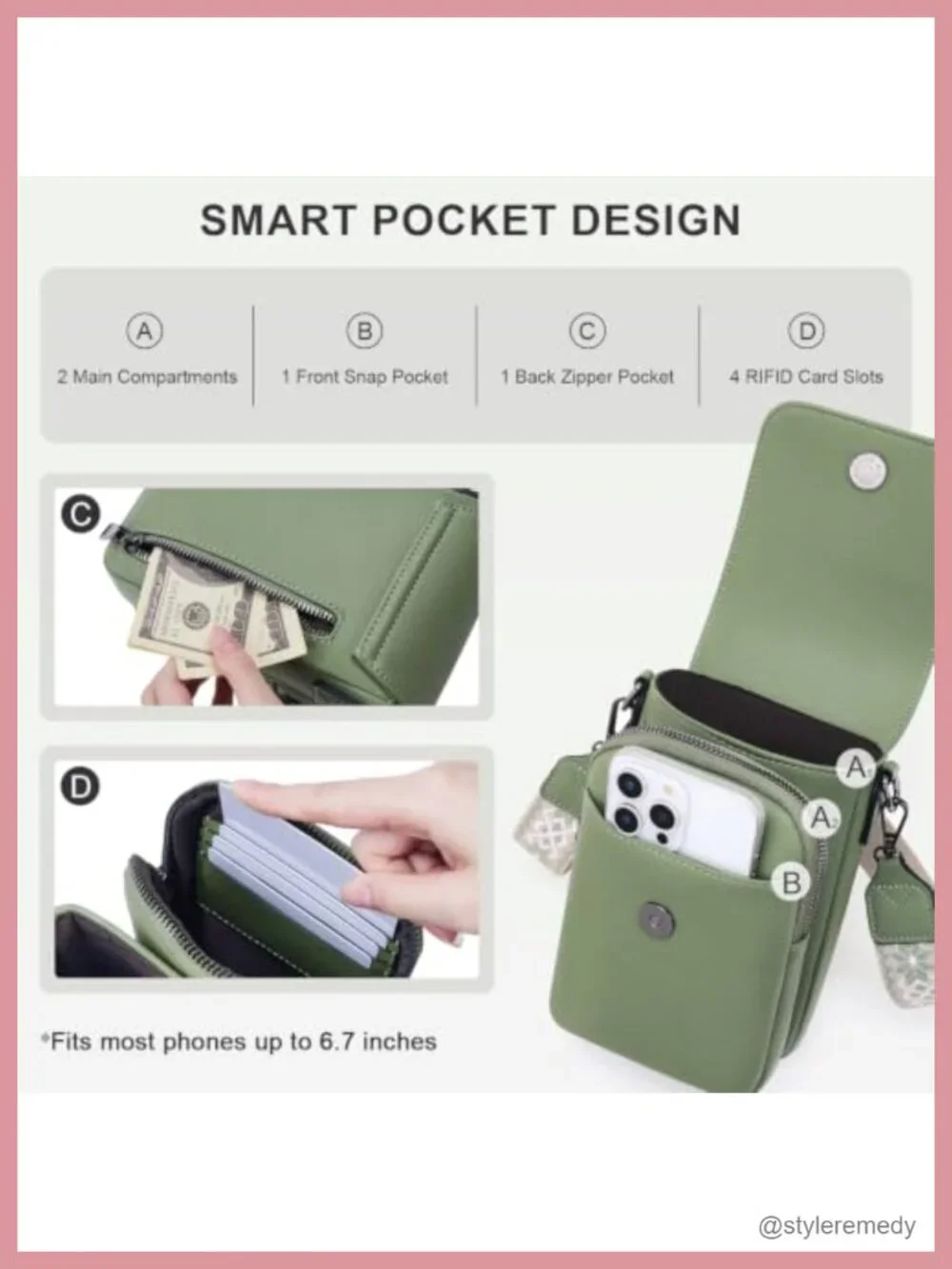 Small Crossbody Purse with Triple Compartments, Vegan Leather Cell Phone Wallet